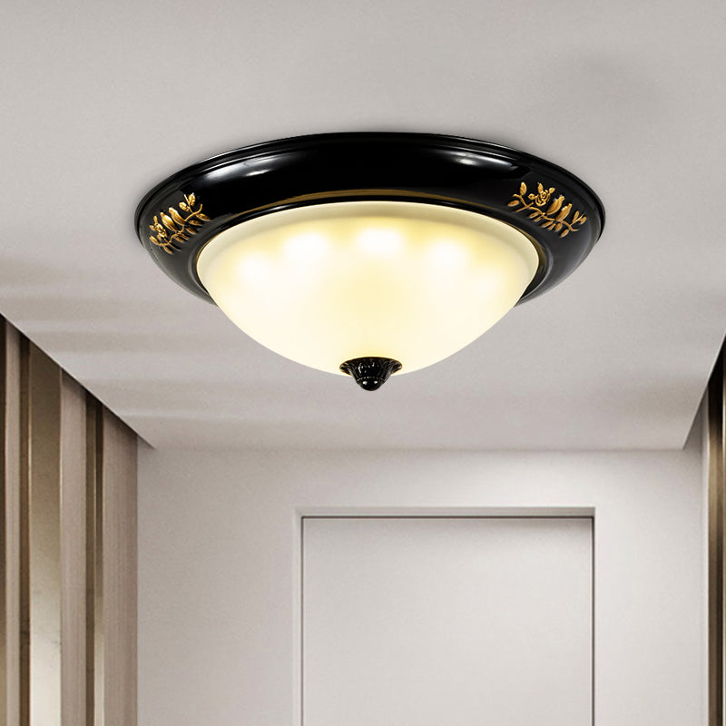 Vintage Black Flush Ceiling Light With Opal Glass Shade For Traditional Living Rooms