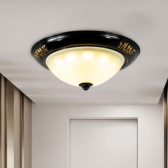 Vintage Black Flush Ceiling Light With Opal Glass Shade For Traditional Living Rooms