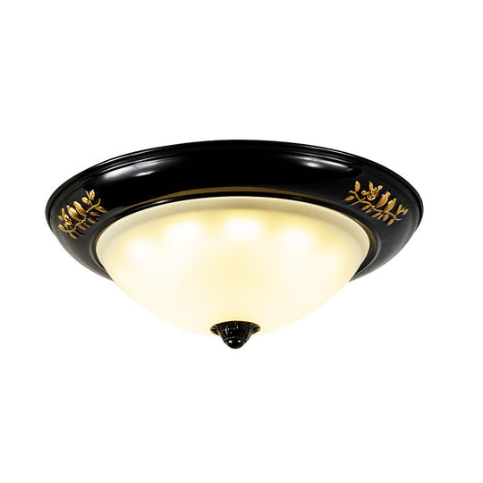 Vintage Black Flush Ceiling Light With Opal Glass Shade For Traditional Living Rooms