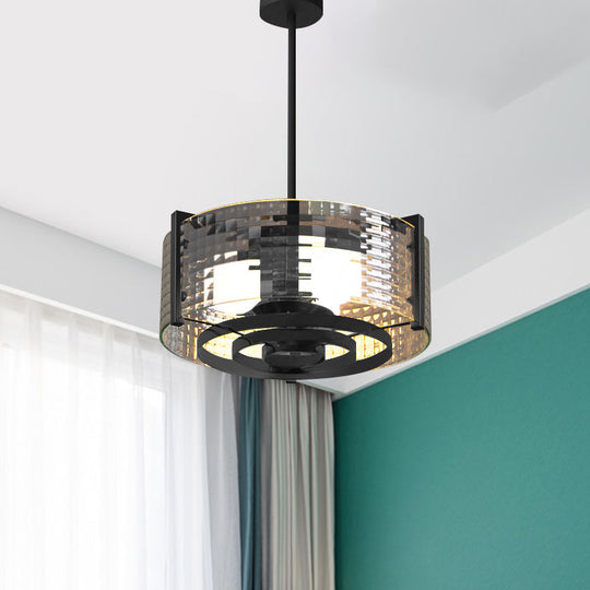 Vintage Black 3-Head Semi Flush Mount Ceiling Lamp With Clear Glass Drum And Trellis/Stripe Design