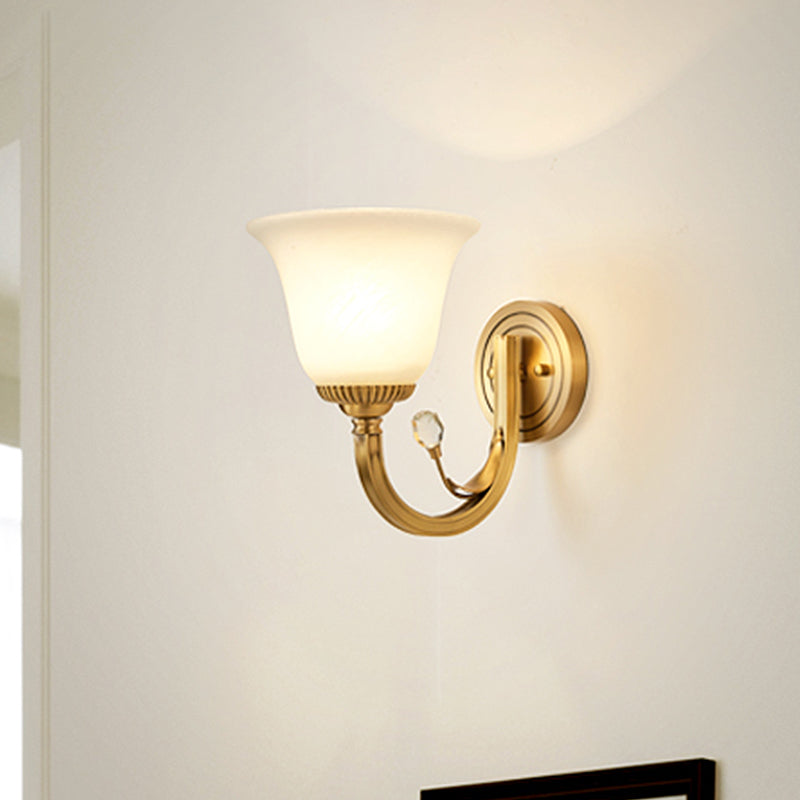 Brass 1/2-Light Wall Sconce With Colonial Frosted Glass Bell Shade - Elegant Corridor Lamp