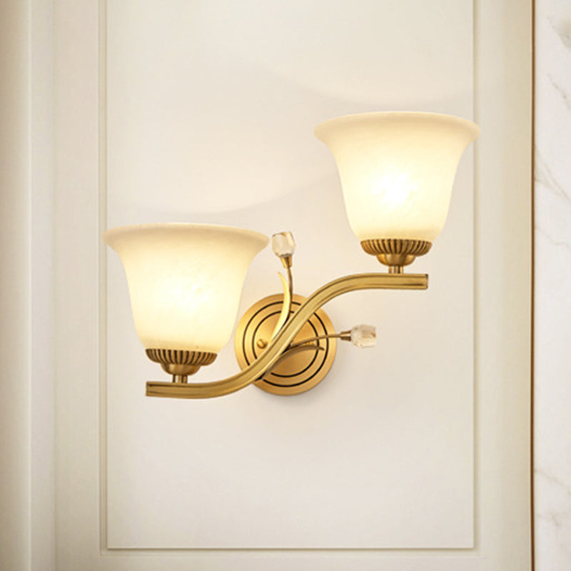 Brass 1/2-Light Wall Sconce With Colonial Frosted Glass Bell Shade - Elegant Corridor Lamp