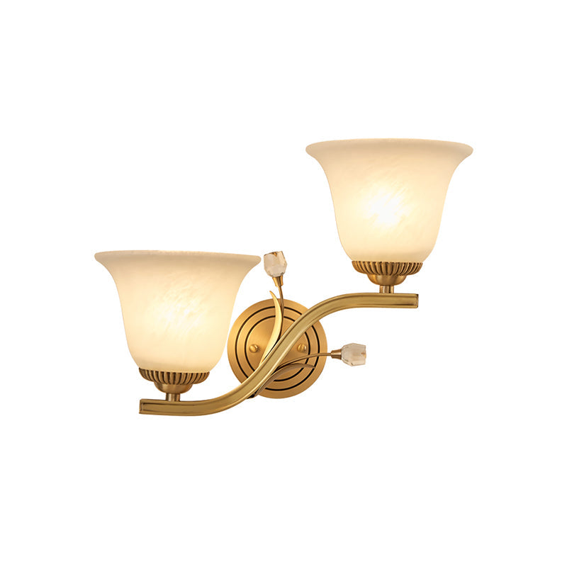 Brass 1/2-Light Wall Sconce With Colonial Frosted Glass Bell Shade - Elegant Corridor Lamp