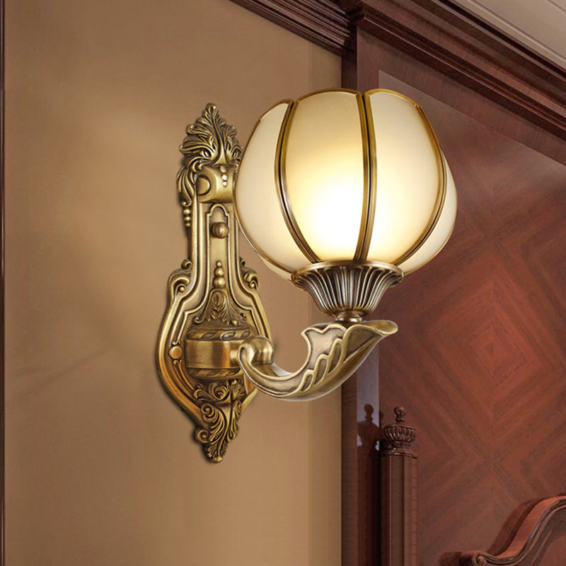 Brass Domed Colonial Wall Light With Textured Opal Glass - 1 Fixture