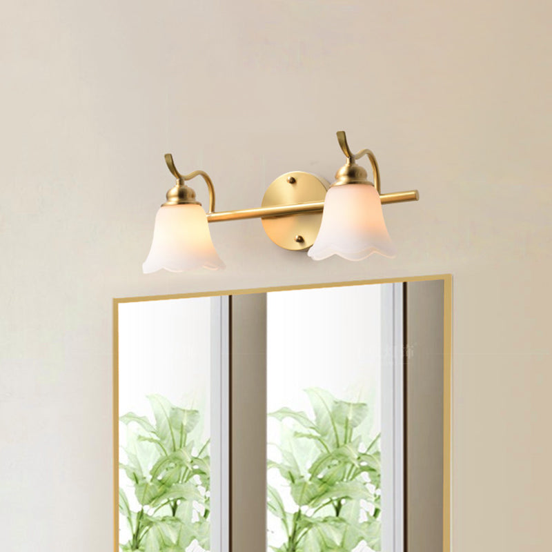 Traditional Brass Bathroom Wall Sconce With Flower Cream Glass Shade - 2/3 Bulbs Vanity Light