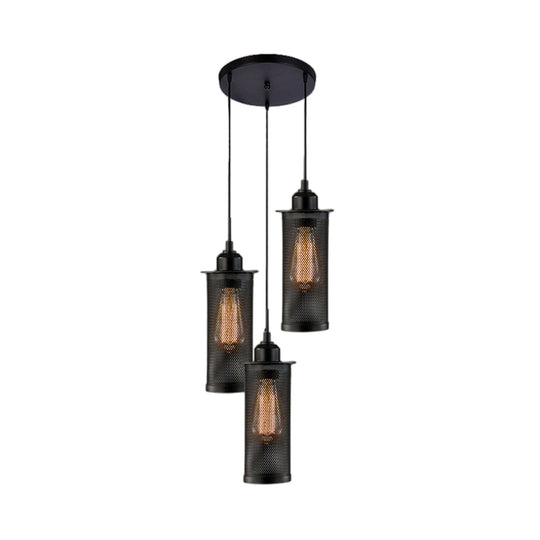 Vintage 3/8 Bulbs Pendant Light With Mesh Shade - Stylish Kitchen Ceiling Fixture In Black