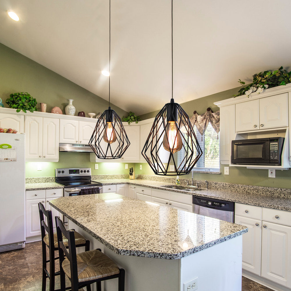 Industrial Diamond Cage Pendant Light In Black Finish - Perfect For Dining Room Ceilings
