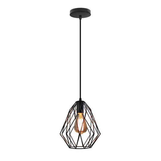 Industrial Diamond Cage Pendant Light In Black: 1-Light Fixture For Dining Room Ceiling