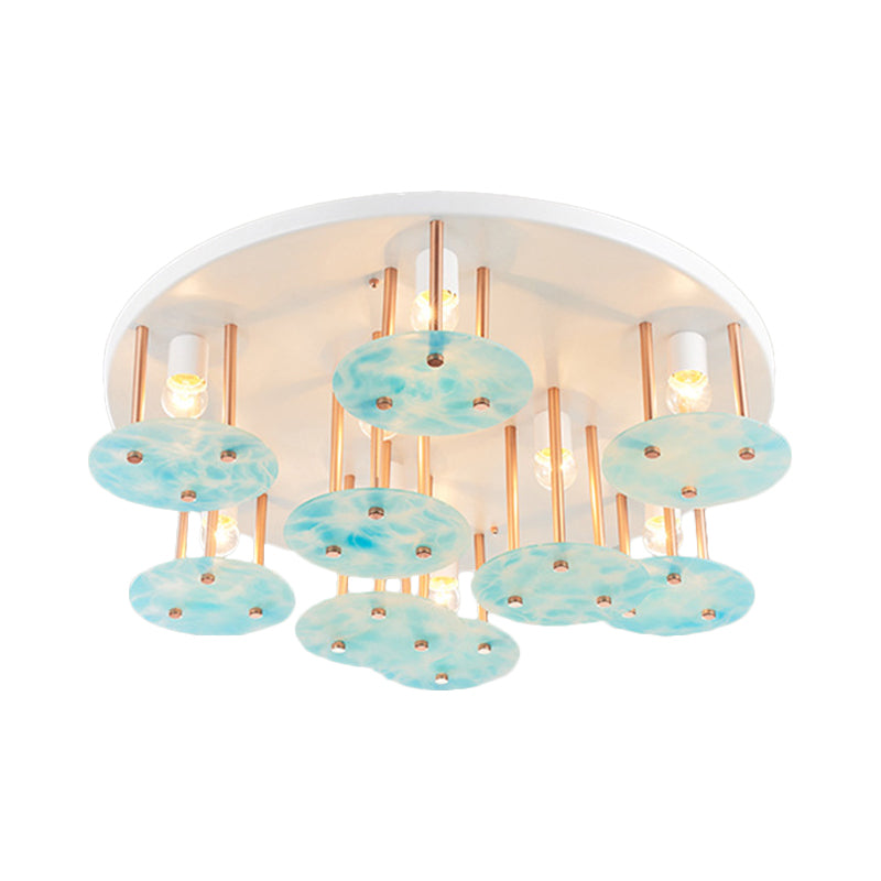 Blue Gradient Glass 9 - Head Semi Flush Kids Ceiling Mount Light With White And Gold Finish