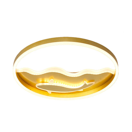 Kids Style Super Thin Led Flush-Mount Ceiling Light With Fish/Apple Pattern In Gold - Acrylic