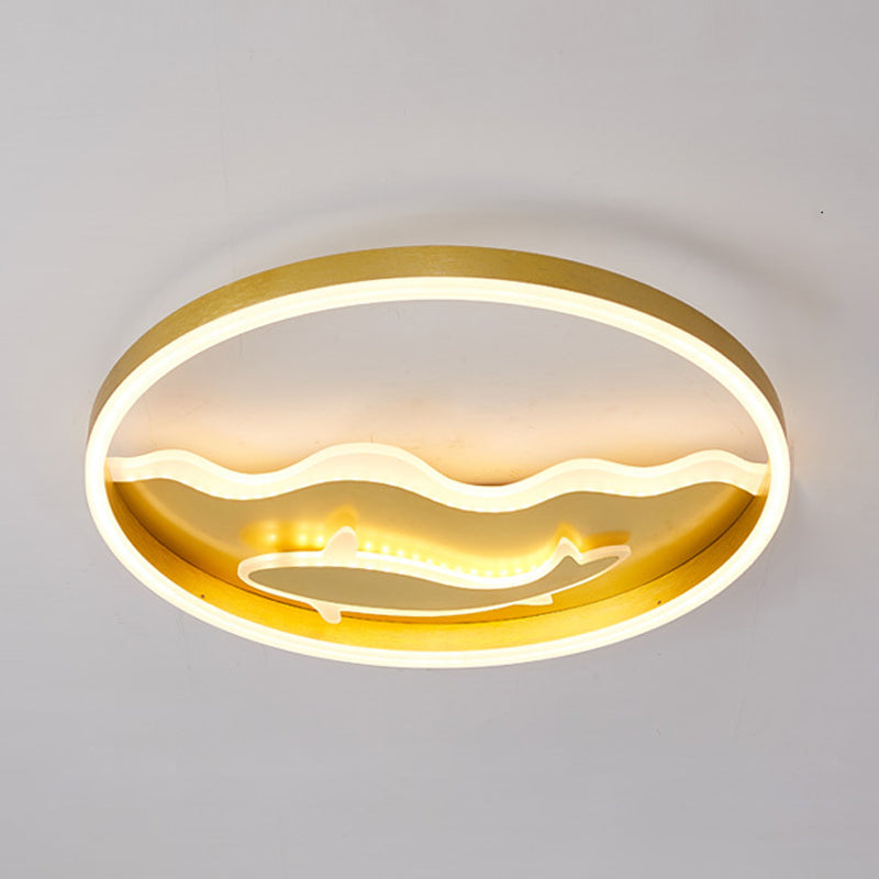 Kids Style Super Thin Led Flush - Mount Ceiling Light With Fish/Apple Pattern In Gold - Acrylic