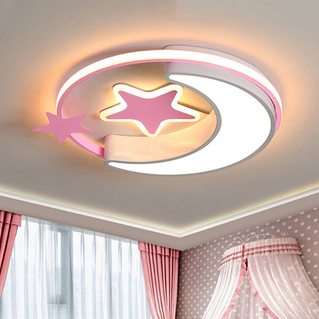 Contemporary Acrylic Flushmount Light For Kids Bedroom - Crescent And Star Design In Pink/Gold/Blue