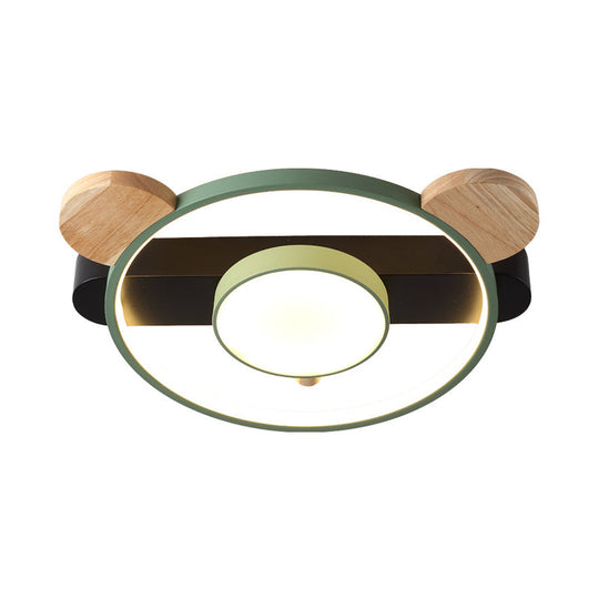 Bear Design Acrylic Led Ceiling Flush Light - Cartoon White/Green Wood Finish Green
