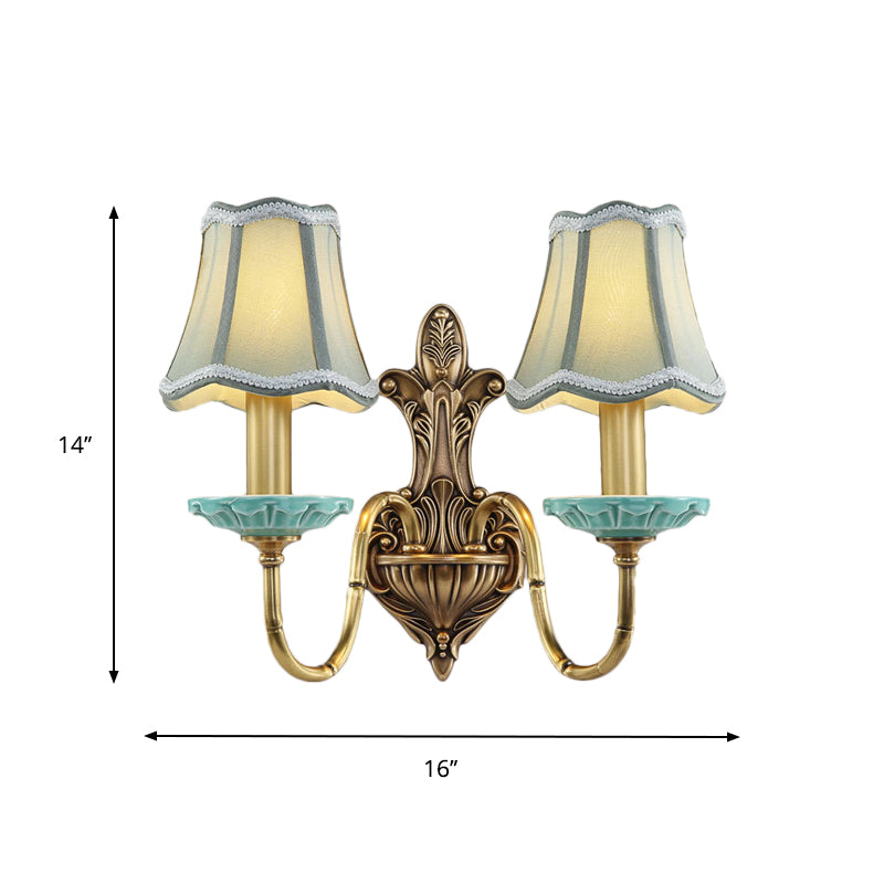 Rustic Scalloped Corridor Wall Sconce - Fabric 1/2-Light Brass Lighting Curved Arm Design