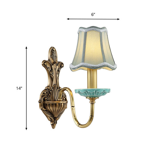 Rustic Scalloped Corridor Wall Sconce - Fabric 1/2-Light Brass Lighting Curved Arm Design
