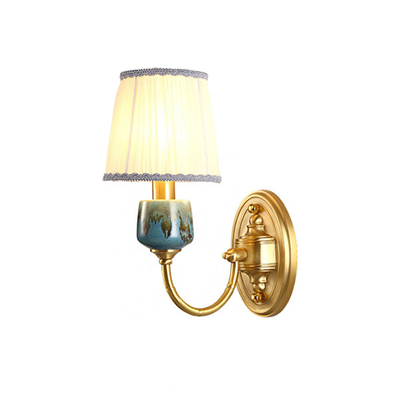 Brass Wall Hanging Light With Classic Swooping Arm And Fabric Shade