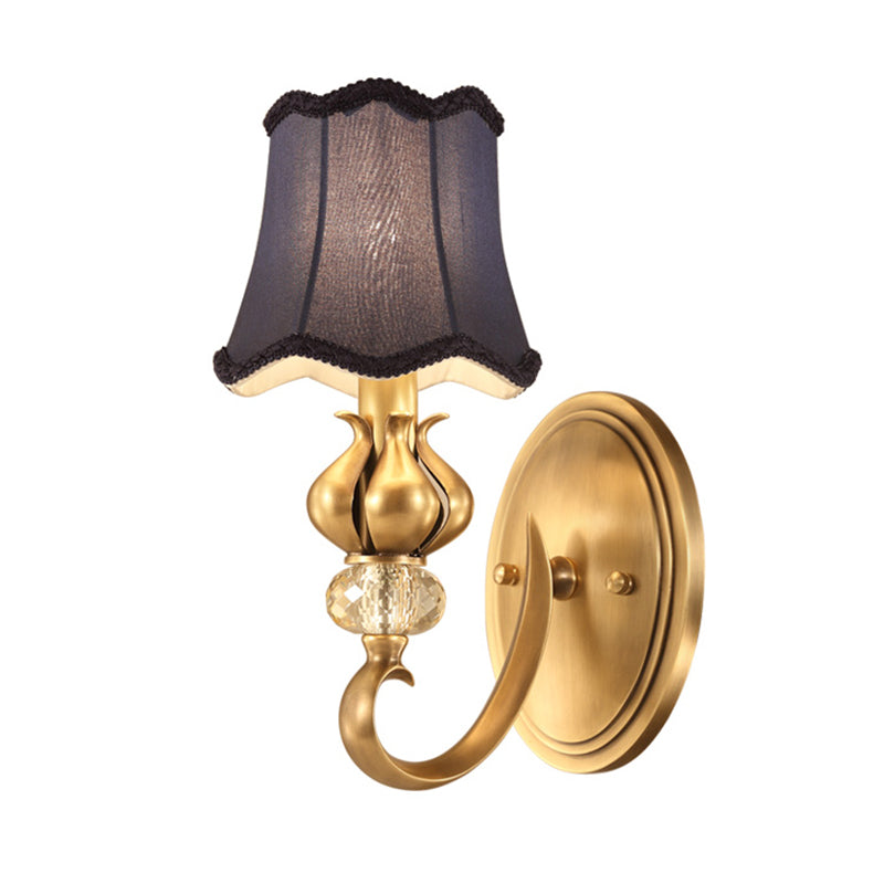 Rustic Scalloped Fabric Wall Sconce With Crystal Accent - 1-Light Brass Bedroom Lighting