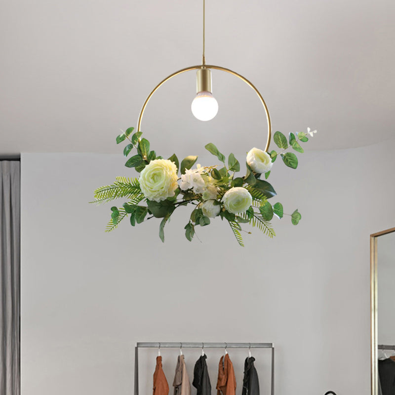 Green Farmhouse Fake Floral Ceiling Lamp: 1-Light Metallic Pendant With Triangle/Square/Linear Frame