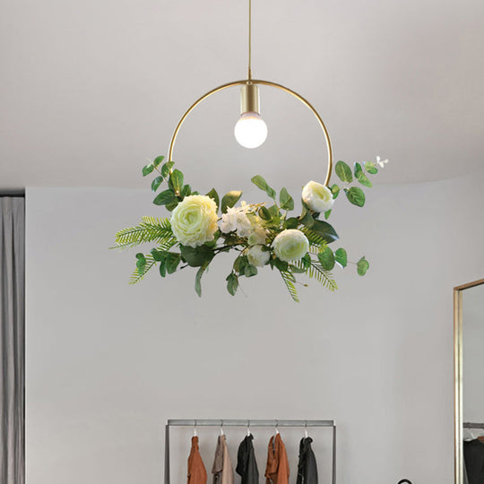 Green Farmhouse Fake Floral Ceiling Lamp: 1-Light Metallic Pendant With Triangle/Square/Linear Frame