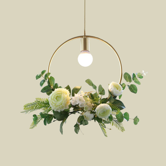 Green Farmhouse Fake Floral Ceiling Lamp: 1-Light Metallic Pendant With Triangle/Square/Linear Frame
