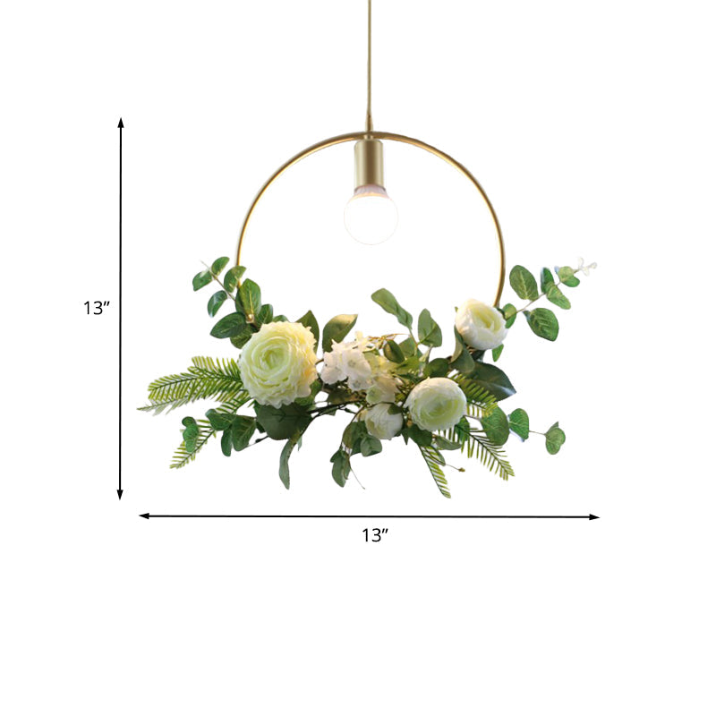 Green Farmhouse Fake Floral Ceiling Lamp: 1-Light Metallic Pendant With Triangle/Square/Linear Frame