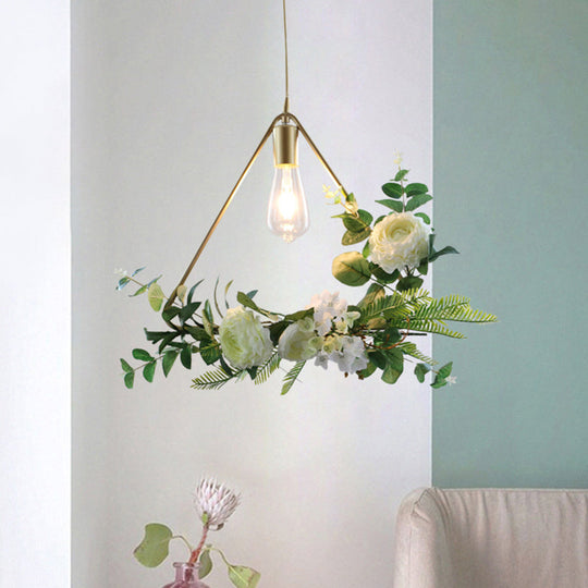 Green Farmhouse Fake Floral Ceiling Lamp: 1-Light Metallic Pendant With Triangle/Square/Linear