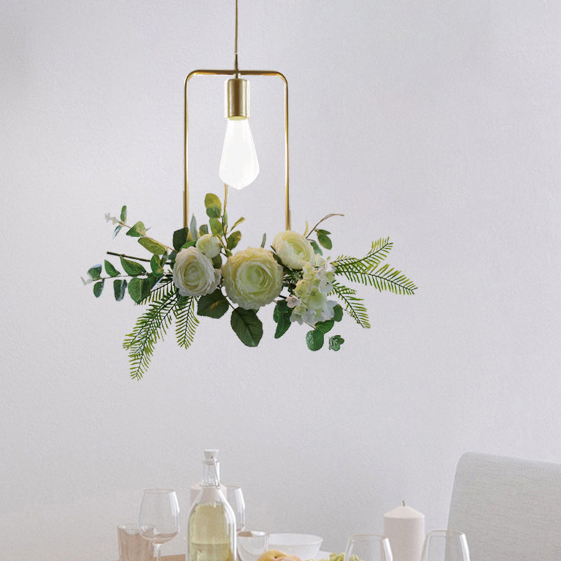 Green Farmhouse Fake Floral Ceiling Lamp: 1-Light Metallic Pendant With Triangle/Square/Linear Frame
