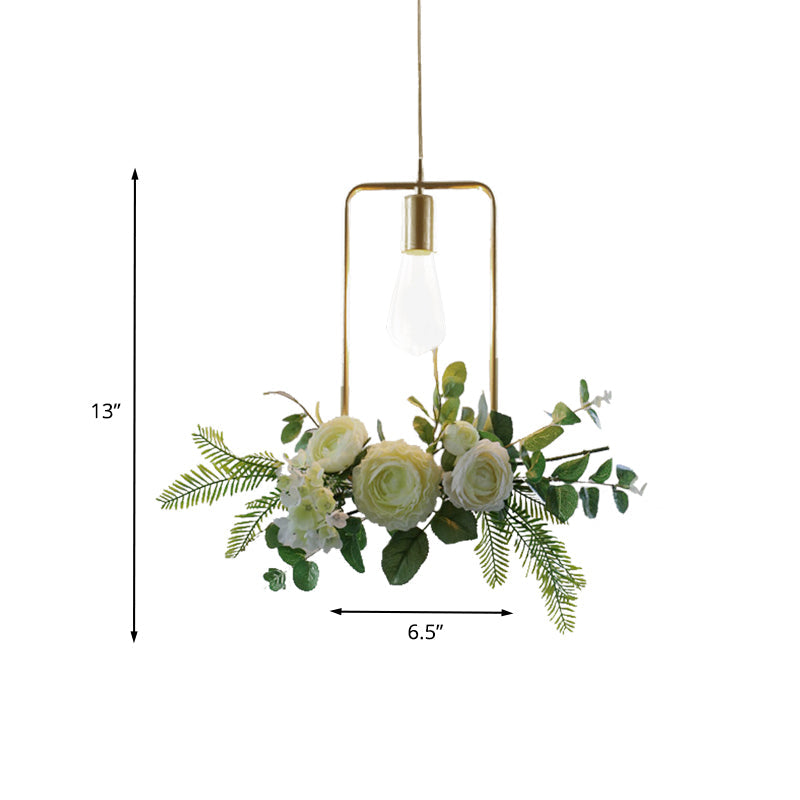 Green Farmhouse Fake Floral Ceiling Lamp: 1-Light Metallic Pendant With Triangle/Square/Linear Frame