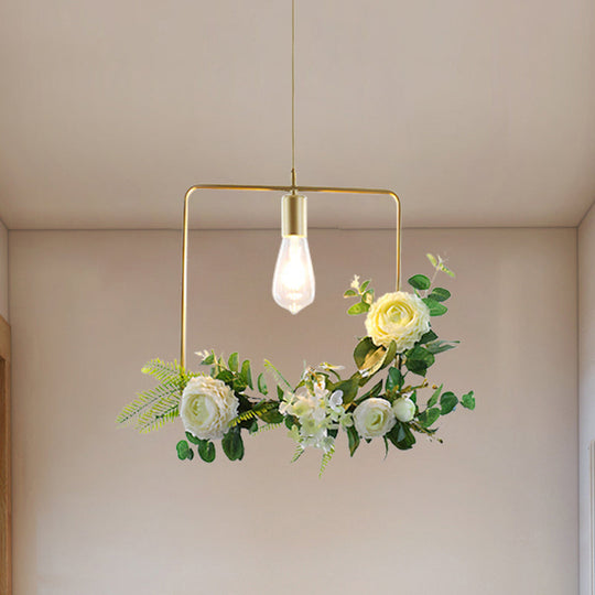 Green Farmhouse Fake Floral Ceiling Lamp: 1-Light Metallic Pendant With Triangle/Square/Linear