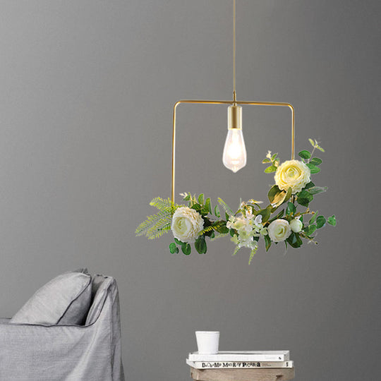 Green Farmhouse Fake Floral Ceiling Lamp: 1-Light Metallic Pendant With Triangle/Square/Linear Frame