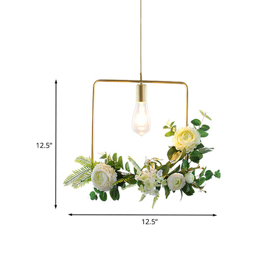 Green Farmhouse Fake Floral Ceiling Lamp: 1-Light Metallic Pendant With Triangle/Square/Linear Frame