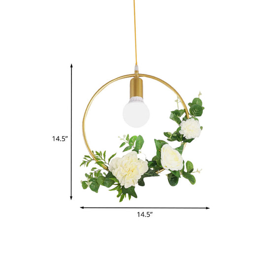 Gold Iron Rectangle/Round Frame Pendant Light With Artificial Bloom Deco - Stylish Suspended