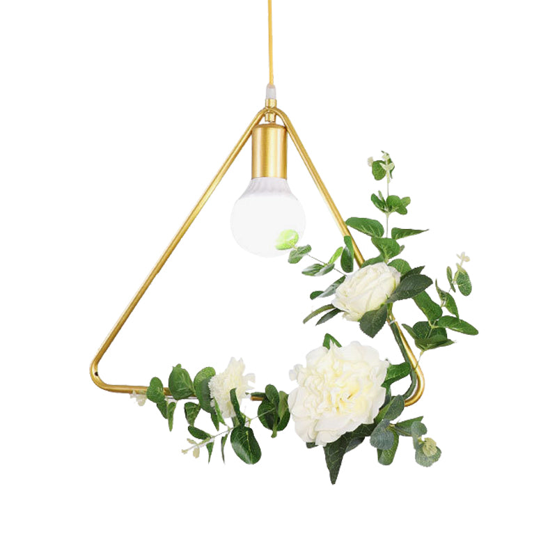 Gold Iron Rectangle/Round Frame Pendant Light With Artificial Bloom Deco - Stylish Suspended
