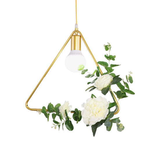 Gold Iron Rectangle/Round Frame Pendant Light With Artificial Bloom Deco - Stylish Suspended