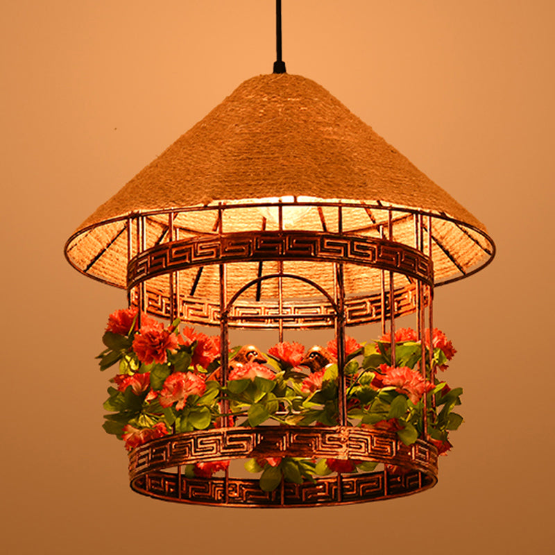 Vintage Black/Rust Finish House Pendant Ceiling Light With Rope Hanging And Flower/Vine Deco -
