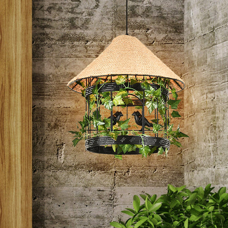 Vintage Black/Rust Finish Rope Pendant Ceiling Light Kit With Flower/Vine Deco - 1-Bulb House