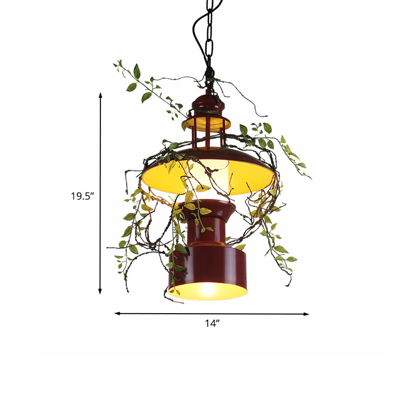 Burgundy Metal Hanging Ceiling Light With Drum Shade - Farm Style Pendant Lamp Fake Plant Attachment