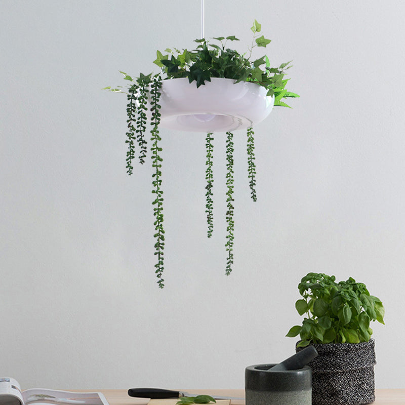 Warehouse Donut Pendant Light In White With Green Vine Deco - Metallic Suspension Lighting