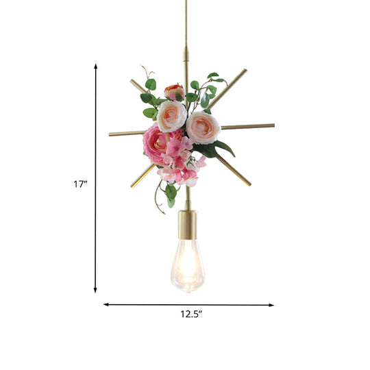Metal Gold Ceiling Pendant With Artificial Flower: Industrial Hanging Light Fixture Frame Options