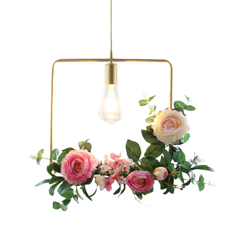 Metal Gold Ceiling Pendant With Artificial Flower: Industrial Hanging Light Fixture Frame Options