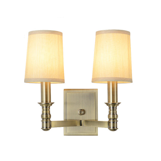 Country Corridor Wall Light Fixture With Brass Frame And Cylinder Fabric Shade 2 /