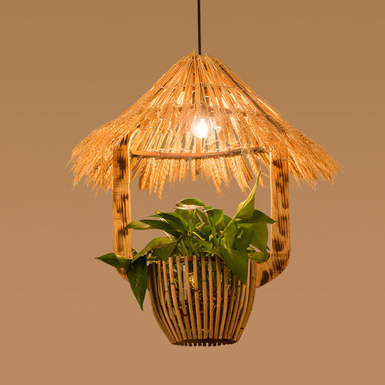 Industrial Brown Rattan Pendant Light For Restaurants - Hut Plant Pot Design