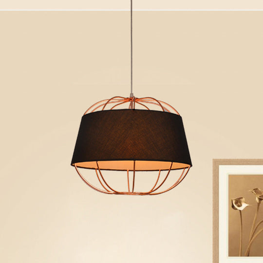 Country Style 1-Bulb Pendant Light Kit - Tapered Drum Fabric Hanging Lamp In White/Black With Wire