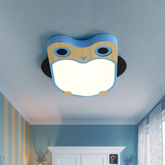 Cartoon Owl Led Flush Mount Lamp For Child Room - Thin Iron Ceiling Light In White/Pink/Blue With
