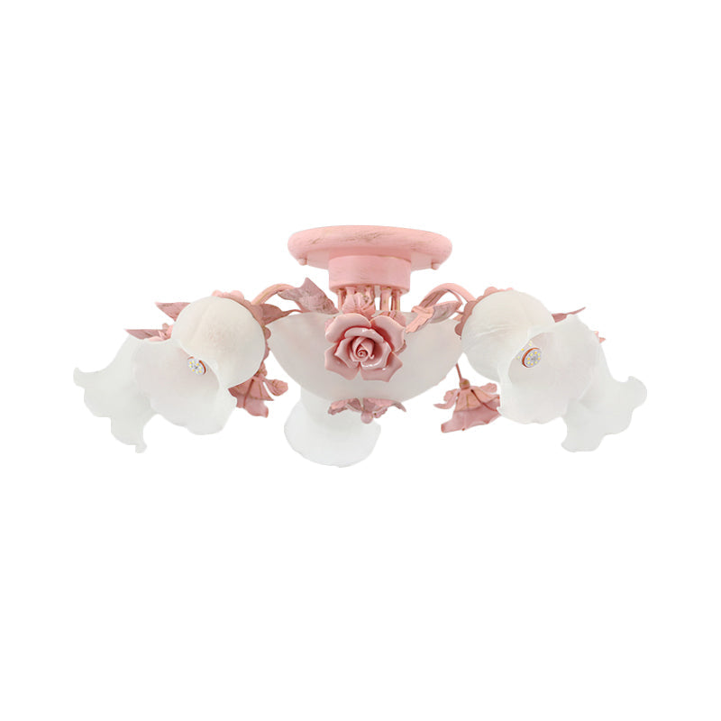 Pastoral Frosted Glass Flush Chandelier: Rose Blossom 7/11-Head Pink Ceiling Mount Light