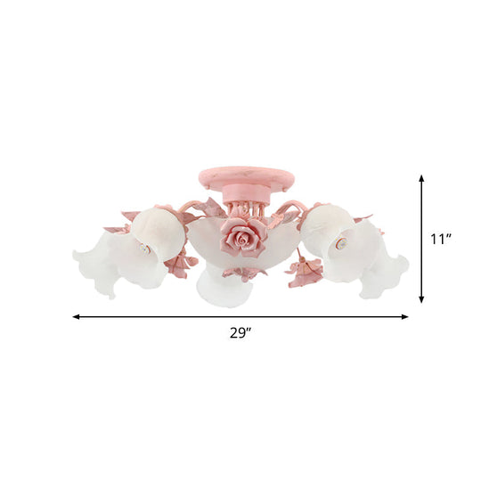Pastoral Frosted Glass Flush Chandelier: Rose Blossom 7/11 - Head Pink Ceiling Mount Light