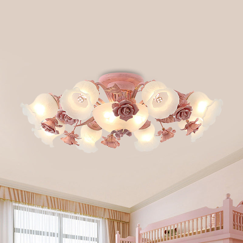 Pastoral Frosted Glass Flush Chandelier: Rose Blossom 7/11-Head Pink Ceiling Mount Light