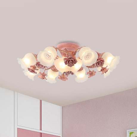 Pastoral Frosted Glass Flush Chandelier: Rose Blossom 7/11-Head Pink Ceiling Mount Light