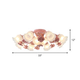 Pastoral Frosted Glass Flush Chandelier: Rose Blossom 7/11-Head Pink Ceiling Mount Light