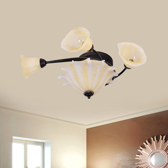Countryside Whirled Frosted Glass Flush Mount Ceiling Lighting In Black - 3-Light Lamp